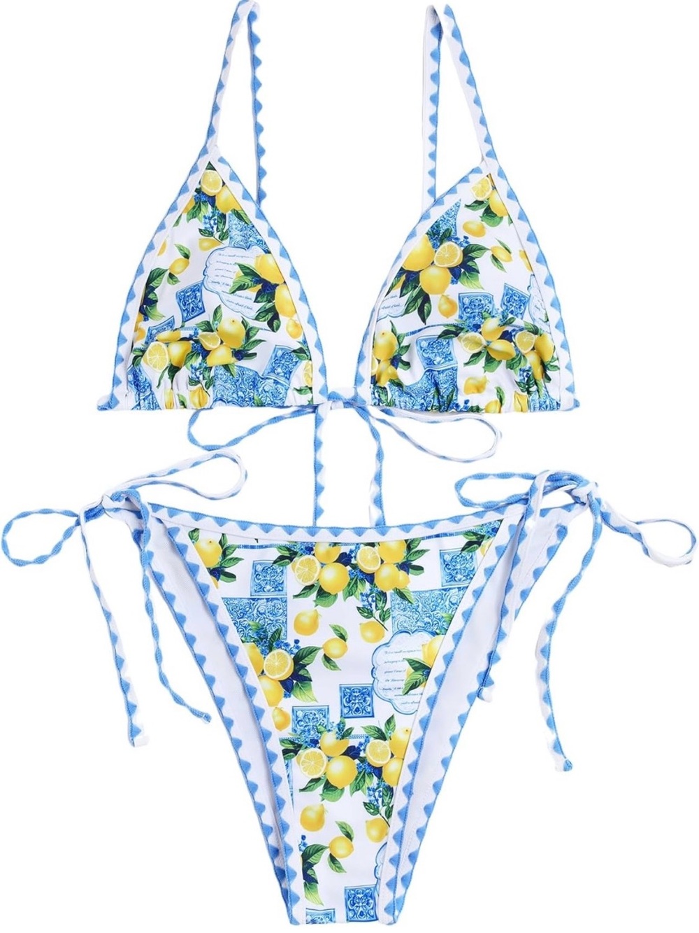 Zaful Blue-Trim Lemon Print Tie Bikini